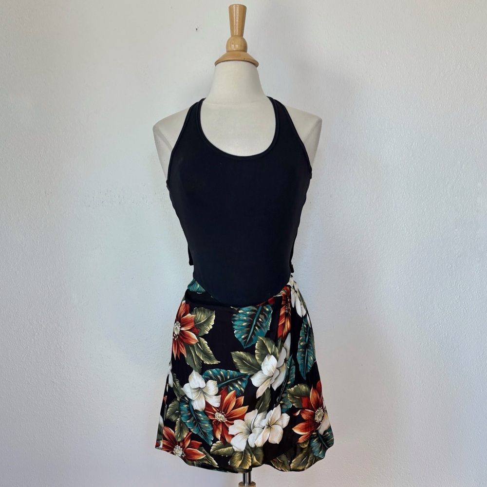 Vintage 80s 90s Black Floral Sleeveless Skort Wrap Romper